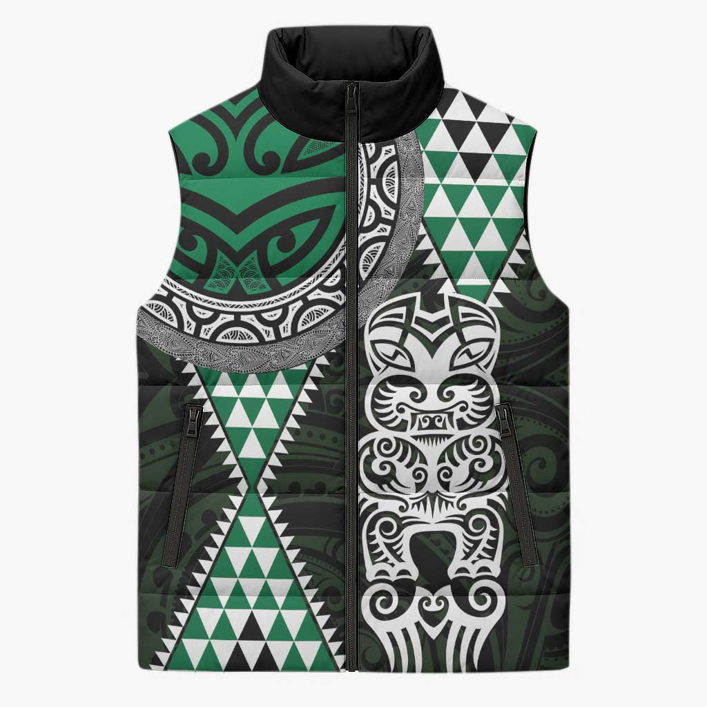 Green Aotearoa Niho Taniwha Sleeveless Puffer Jacket Maori Mythology Tooth - Taniko Motifs - Polynesian Pride
