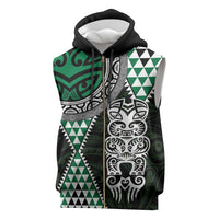 Green Aotearoa Niho Taniwha Sleeveless Zip Hoodie Maori Mythology Tooth - Taniko Motifs - Polynesian Pride