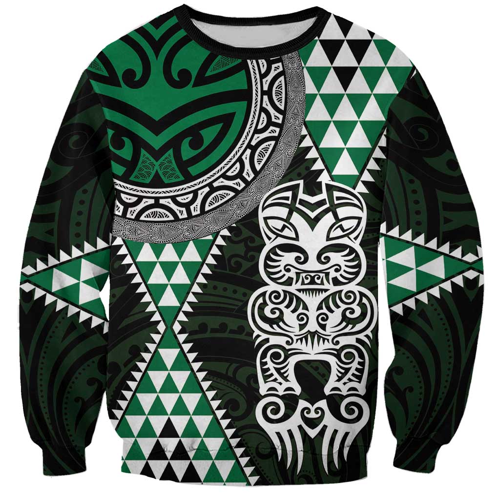 Green Aotearoa Niho Taniwha Sweatshirt Maori Mythology Tooth - Taniko Motifs LT14 Unisex Green - Polynesian Pride