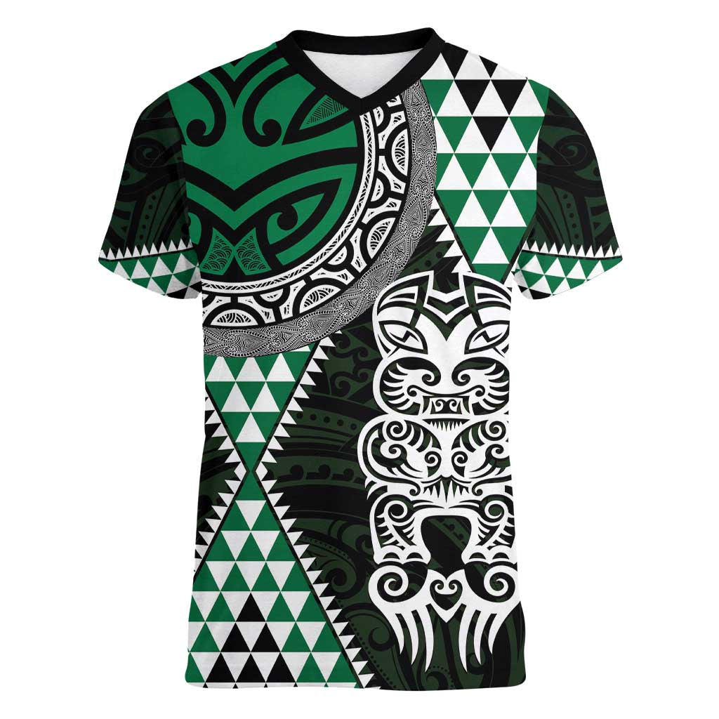 Green Aotearoa Niho Taniwha Women V-Neck T-Shirt Maori Mythology Tooth - Taniko Motifs LT14 Female Green - Polynesian Pride