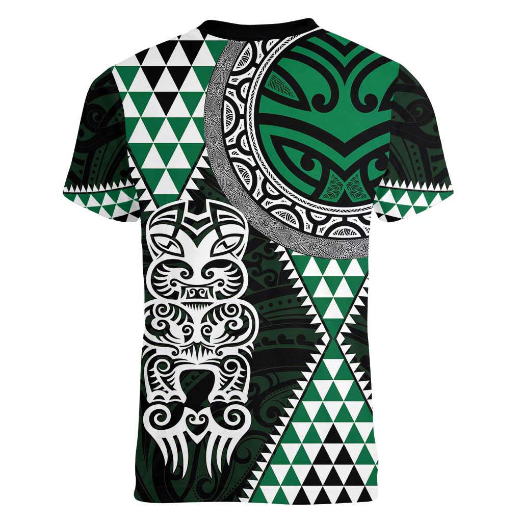 Green Aotearoa Niho Taniwha Women V-Neck T-Shirt Maori Mythology Tooth - Taniko Motifs LT14 - Polynesian Pride