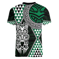 Green Aotearoa Niho Taniwha Women V-Neck T-Shirt Maori Mythology Tooth - Taniko Motifs LT14 - Polynesian Pride