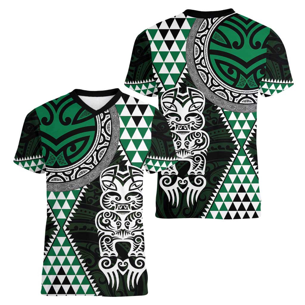 Green Aotearoa Niho Taniwha Women V-Neck T-Shirt Maori Mythology Tooth - Taniko Motifs LT14 - Polynesian Pride
