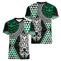 Green Aotearoa Niho Taniwha Women V-Neck T-Shirt Maori Mythology Tooth - Taniko Motifs LT14 - Polynesian Pride