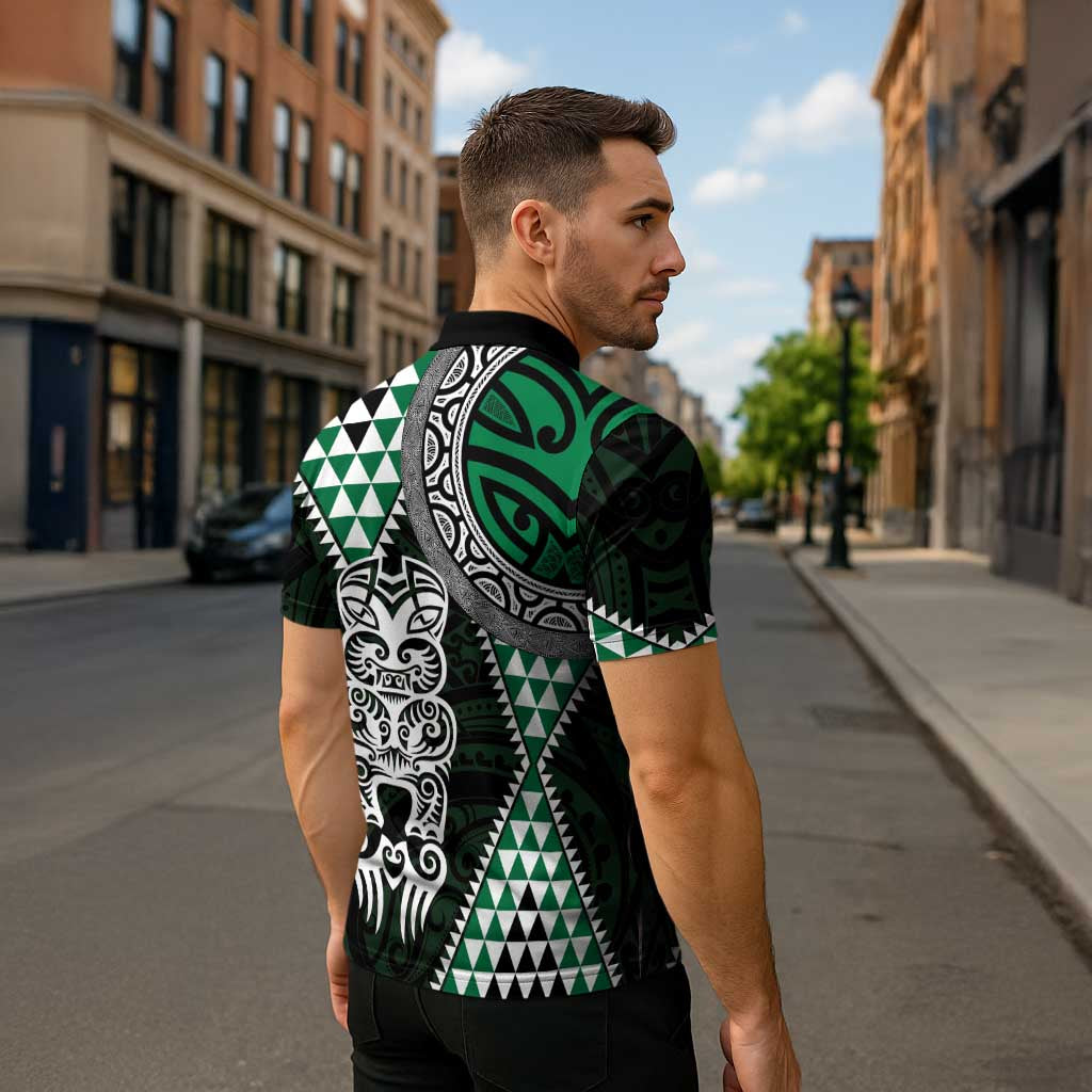 Green Aotearoa Niho Taniwha Zipper Polo Shirt Maori Mythology Tooth - Taniko Motifs - Polynesian Pride