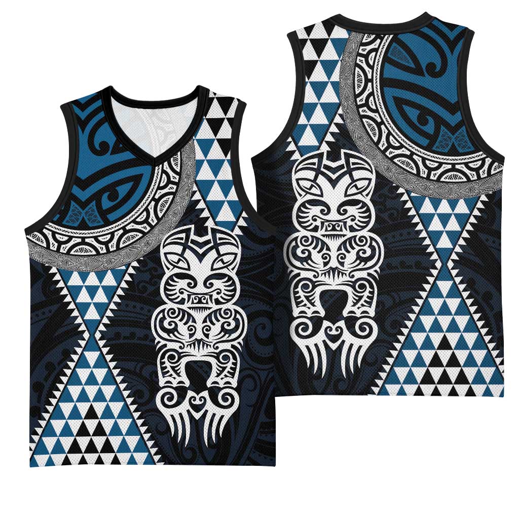 Blue Aotearoa Niho Taniwha Basketball Jersey Maori Mythology Tooth - Taniko Motifs - Polynesian Pride