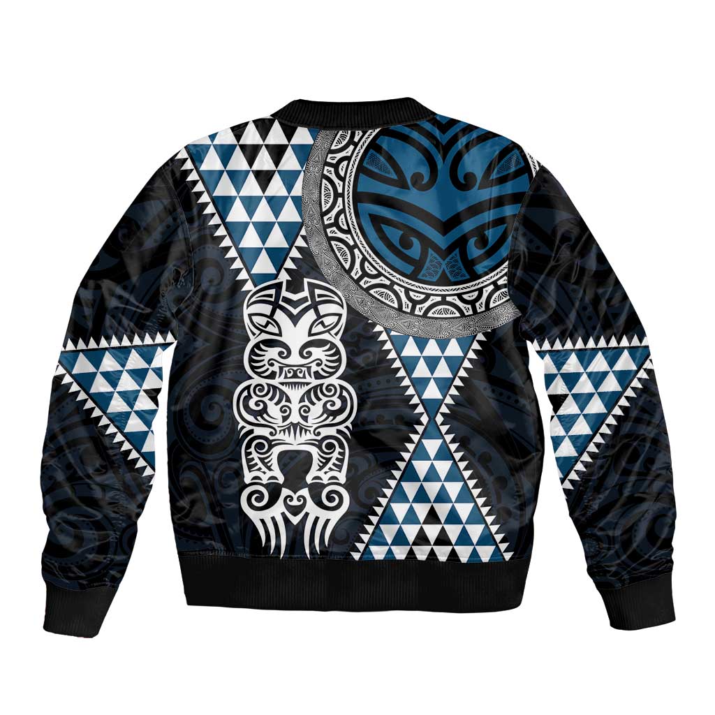 Blue Aotearoa Niho Taniwha Bomber Jacket Maori Mythology Tooth - Taniko Motifs