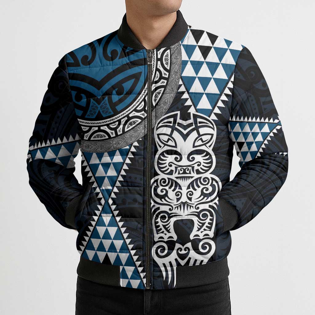 Blue Aotearoa Niho Taniwha Bomber Puffer Jacket Maori Mythology Tooth - Taniko Motifs - Polynesian Pride