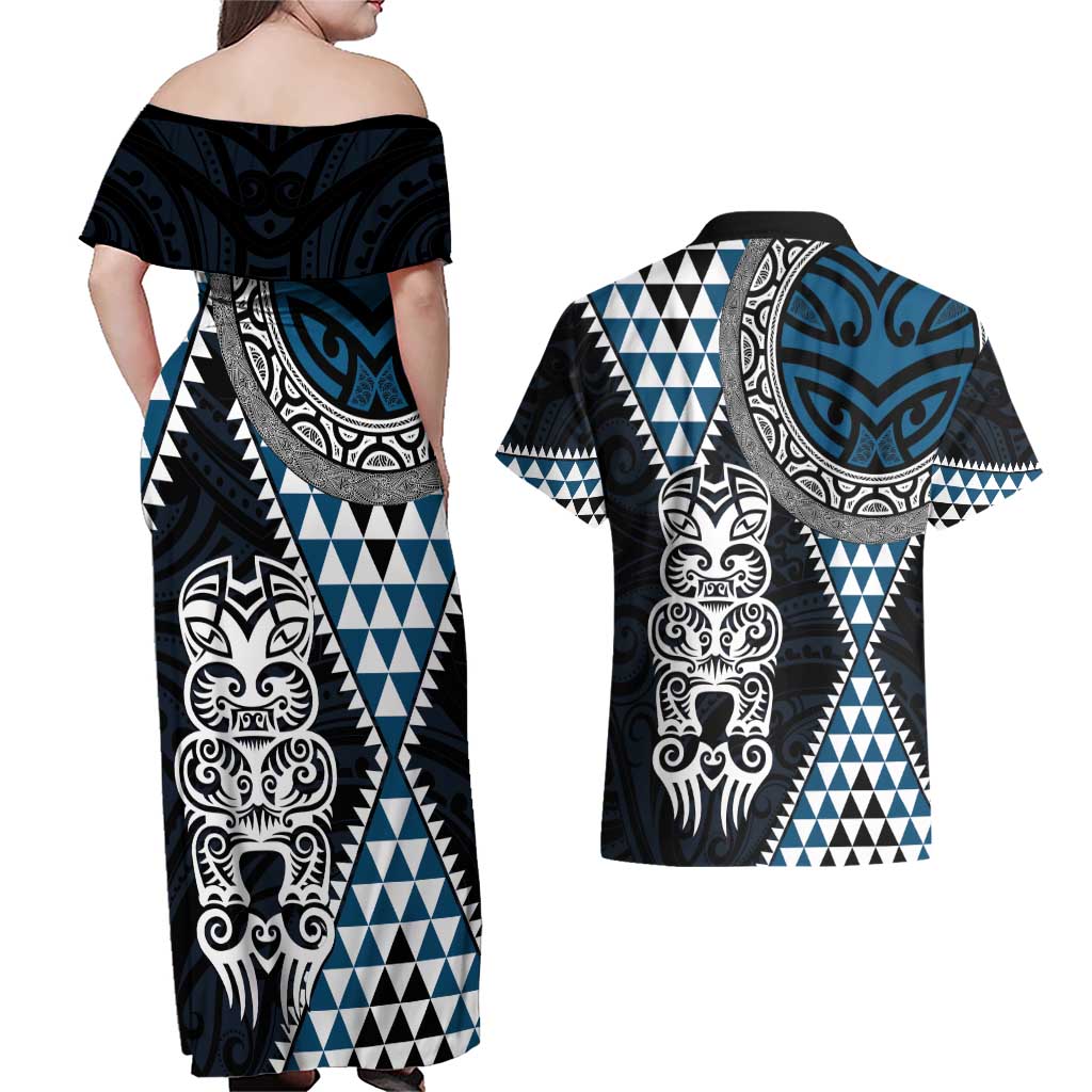 Blue Aotearoa Niho Taniwha Couples Matching Off Shoulder Maxi Dress and Hawaiian Shirt Maori Mythology Tooth - Taniko Motifs