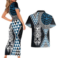 Blue Aotearoa Niho Taniwha Couples Matching Short Sleeve Bodycon Dress and Hawaiian Shirt Maori Mythology Tooth - Taniko Motifs