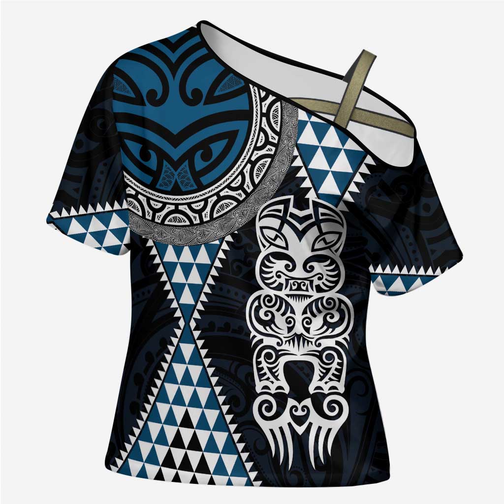 Blue Aotearoa Niho Taniwha Cross Shoulder Shirt Maori Mythology Tooth - Taniko Motifs - Polynesian Pride