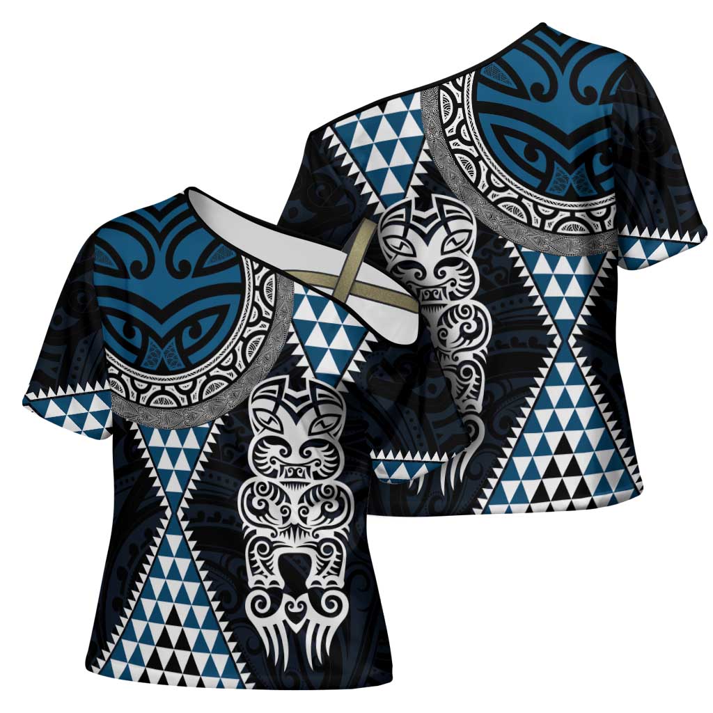 Blue Aotearoa Niho Taniwha Cross Shoulder Shirt Maori Mythology Tooth - Taniko Motifs - Polynesian Pride