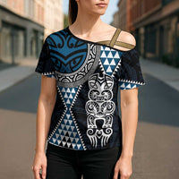Blue Aotearoa Niho Taniwha Cross Shoulder Shirt Maori Mythology Tooth - Taniko Motifs - Polynesian Pride