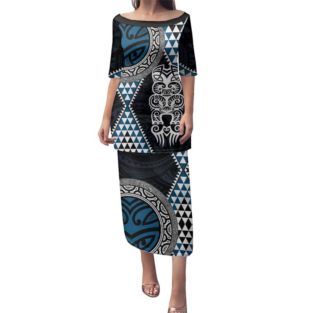 Blue Aotearoa Niho Taniwha Family Matching Puletasi and Hawaiian Shirt Maori Mythology Tooth - Taniko Motifs
