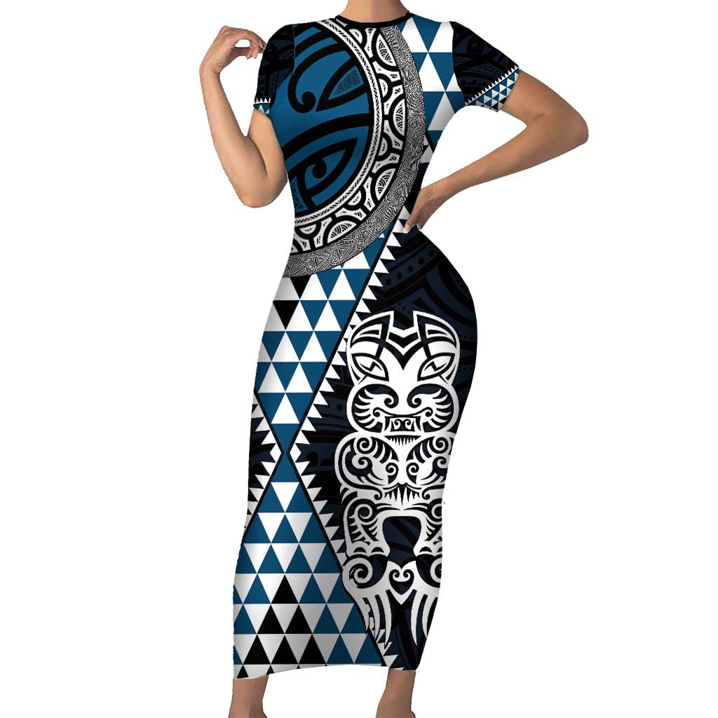 Blue Aotearoa Niho Taniwha Family Matching Short Sleeve Bodycon Dress and Hawaiian Shirt Maori Mythology Tooth - Taniko Motifs
