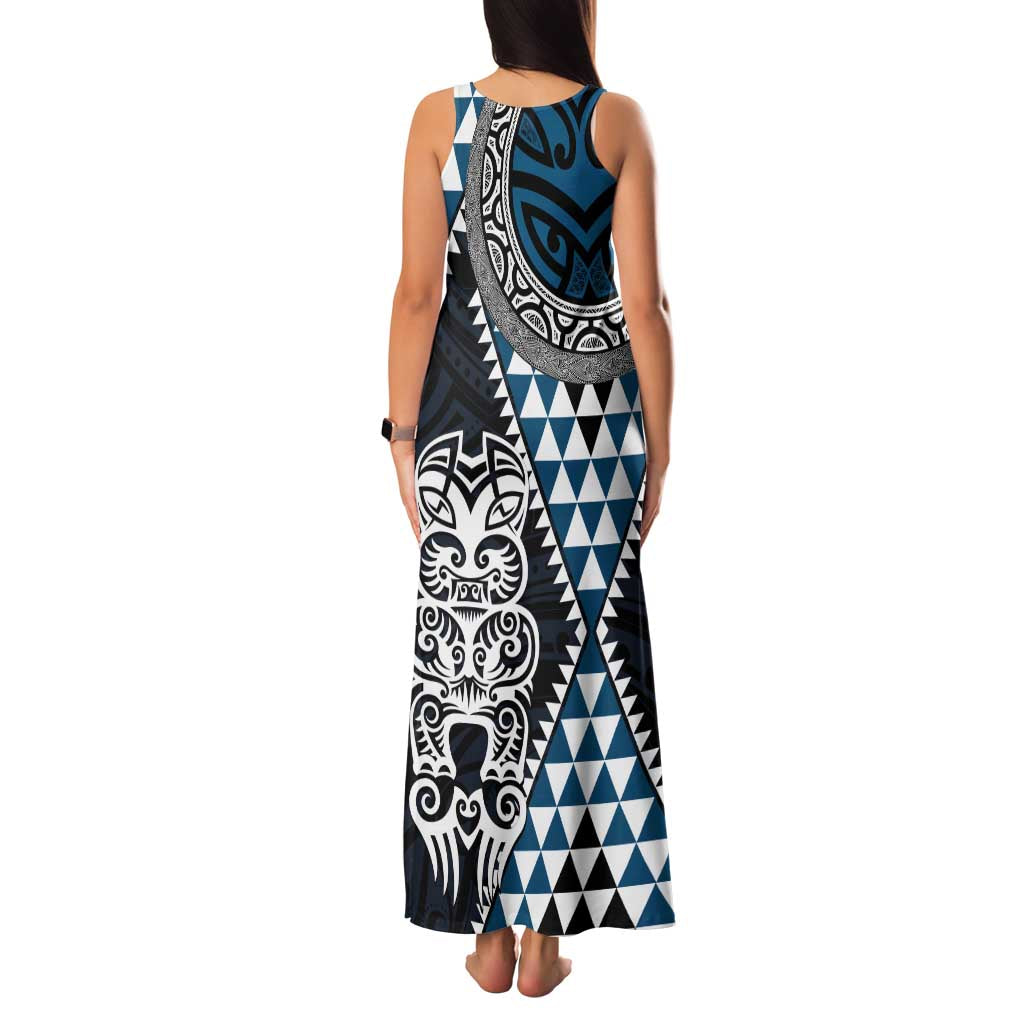Blue Aotearoa Niho Taniwha Family Matching Tank Maxi Dress and Hawaiian Shirt Maori Mythology Tooth - Taniko Motifs