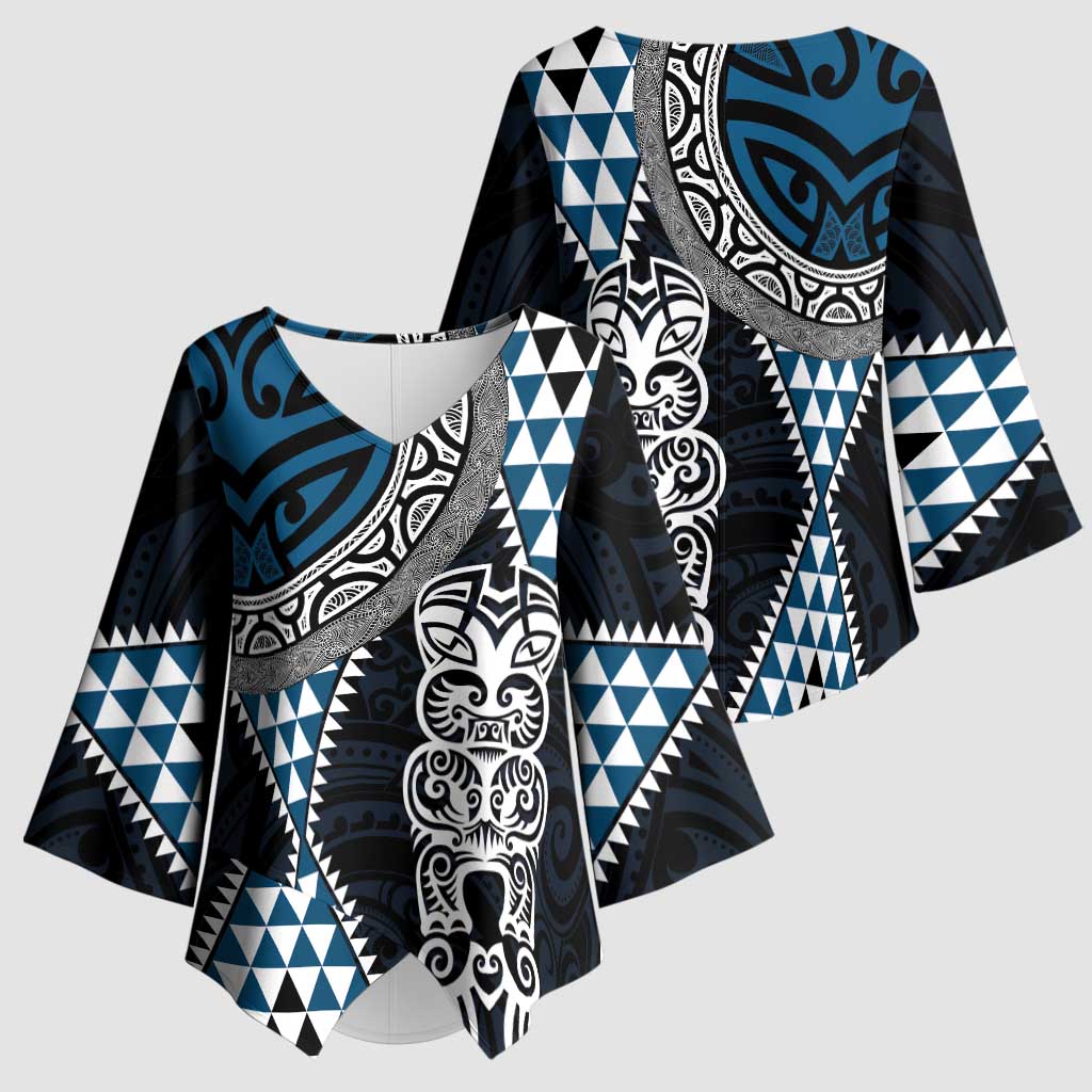 Blue Aotearoa Niho Taniwha Kimono Sleeve Blouse Maori Mythology Tooth - Taniko Motifs - Polynesian Pride