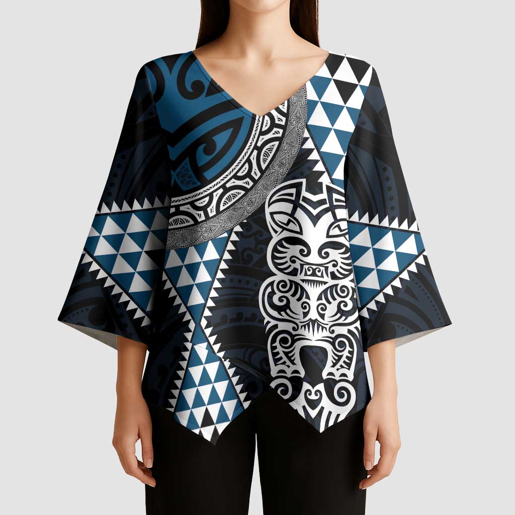 Blue Aotearoa Niho Taniwha Kimono Sleeve Blouse Maori Mythology Tooth - Taniko Motifs - Polynesian Pride