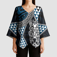 Blue Aotearoa Niho Taniwha Kimono Sleeve Blouse Maori Mythology Tooth - Taniko Motifs - Polynesian Pride