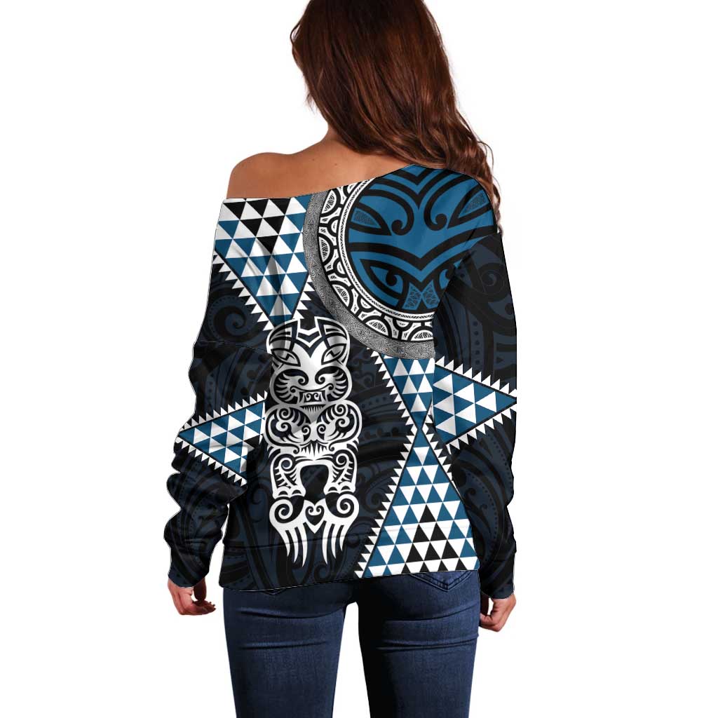Blue Aotearoa Niho Taniwha Off Shoulder Sweater Maori Mythology Tooth - Taniko Motifs LT14 - Polynesian Pride