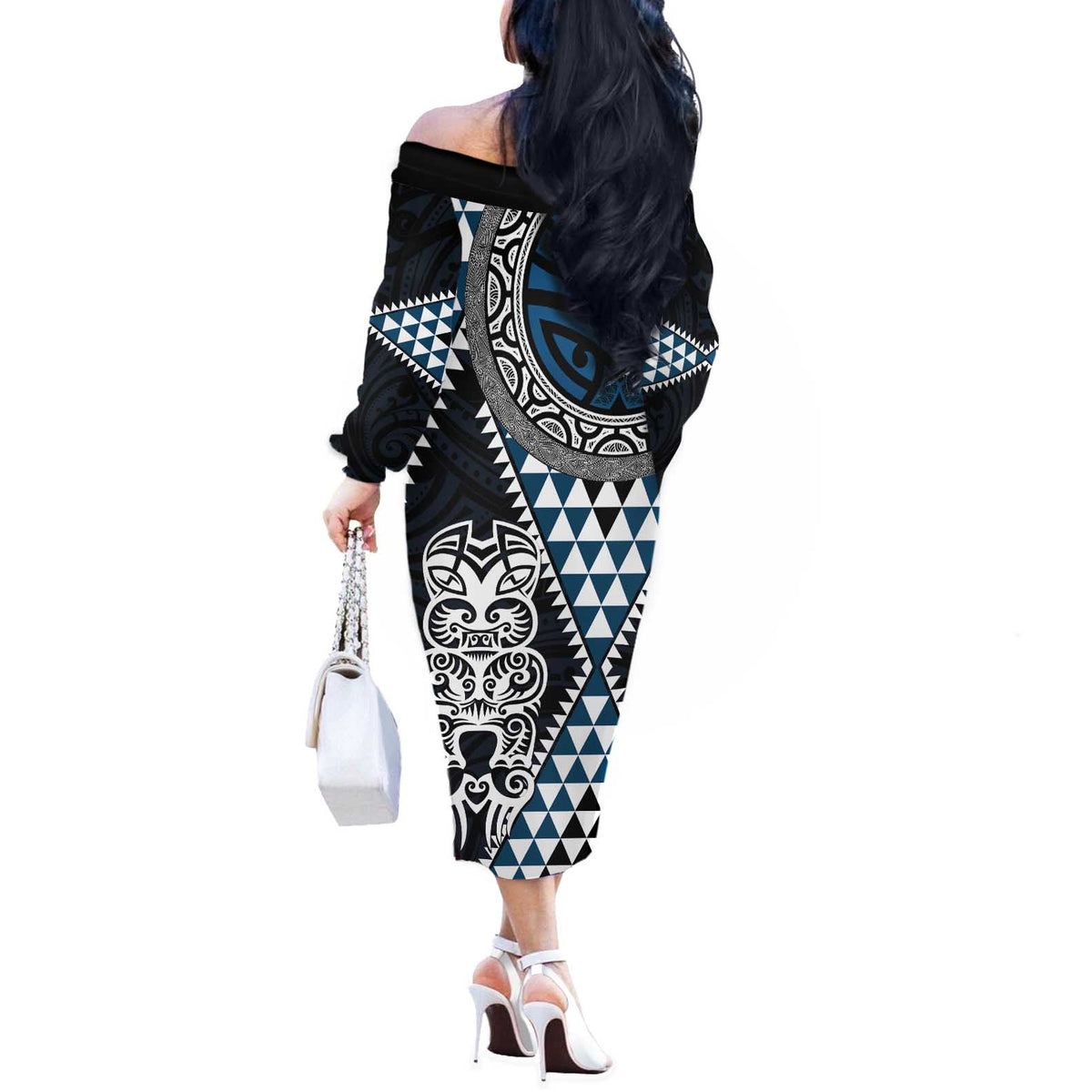 Blue Aotearoa Niho Taniwha Off The Shoulder Long Sleeve Dress Maori Mythology Tooth - Taniko Motifs