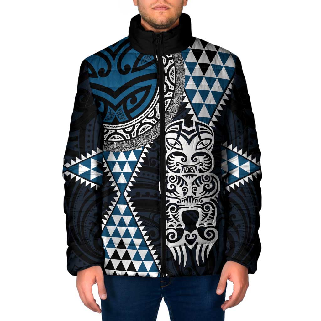 Blue Aotearoa Niho Taniwha Padded Jacket Maori Mythology Tooth - Taniko Motifs - Polynesian Pride