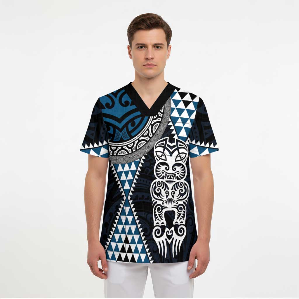 Blue Aotearoa Niho Taniwha Scrub Top Maori Mythology Tooth - Taniko Motifs - Polynesian Pride
