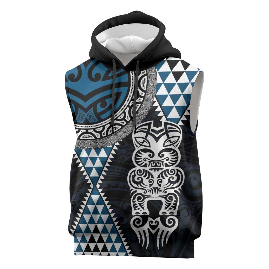 Blue Aotearoa Niho Taniwha Sleeveless Hoodie Maori Mythology Tooth - Taniko Motifs - Polynesian Pride