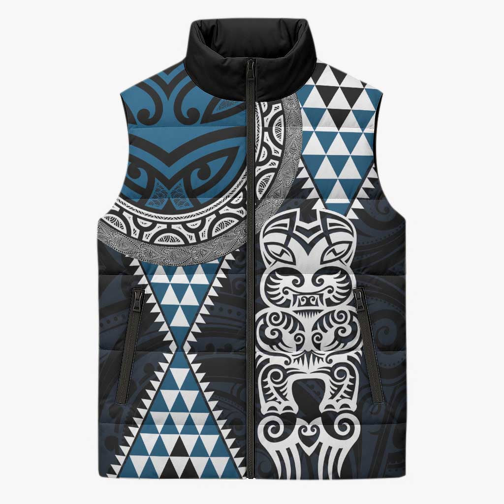 Blue Aotearoa Niho Taniwha Sleeveless Puffer Jacket Maori Mythology Tooth - Taniko Motifs - Polynesian Pride