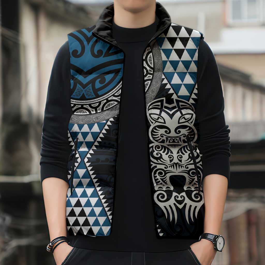Blue Aotearoa Niho Taniwha Sleeveless Puffer Jacket Maori Mythology Tooth - Taniko Motifs - Polynesian Pride
