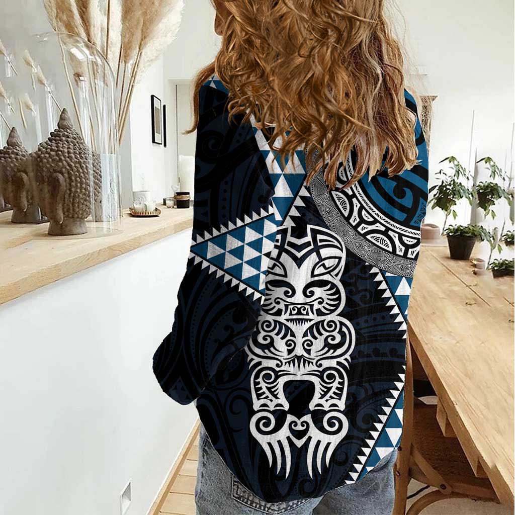 Blue Aotearoa Niho Taniwha Women Casual Shirt Maori Mythology Tooth - Taniko Motifs