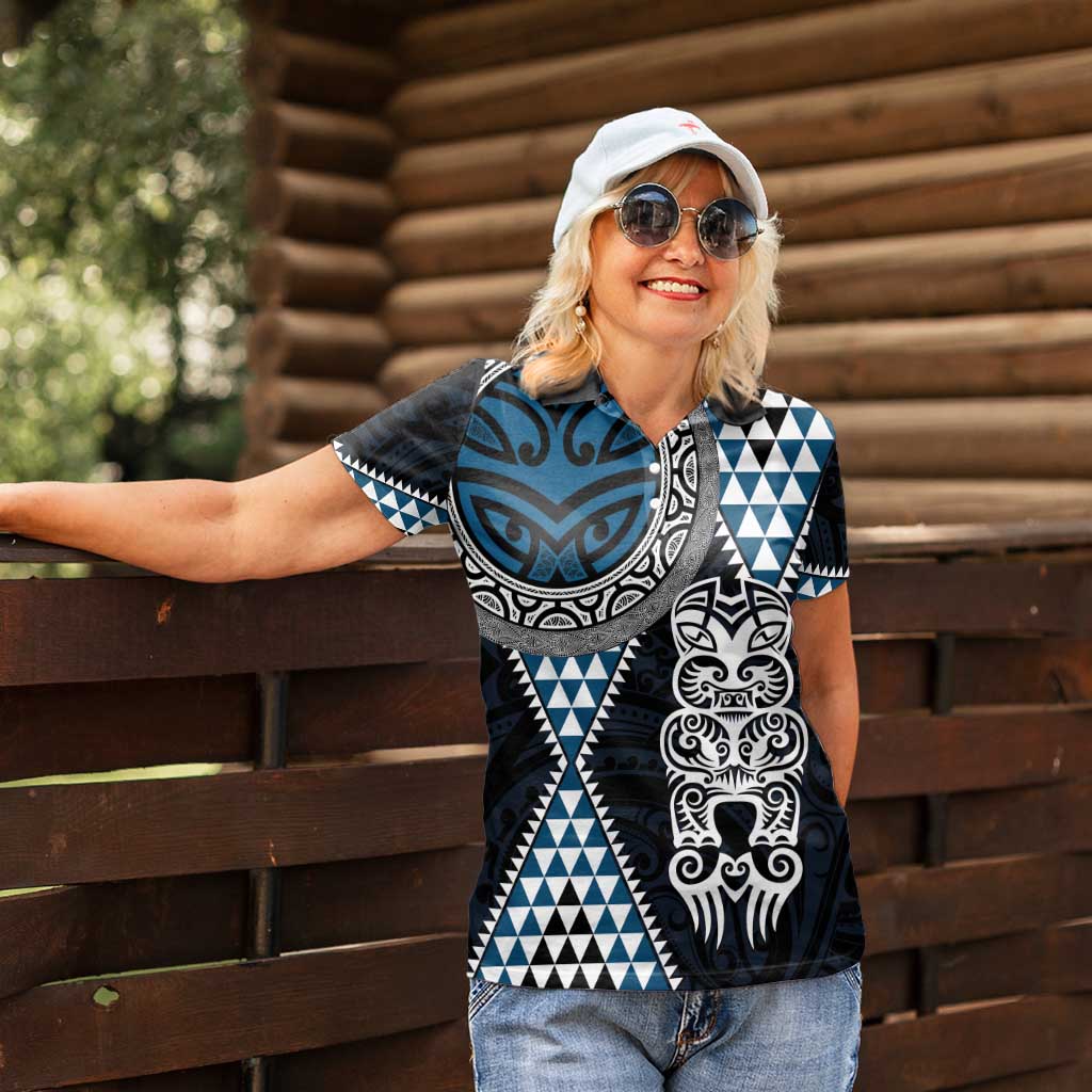 Blue Aotearoa Niho Taniwha Women Polo Shirt Maori Mythology Tooth - Taniko Motifs