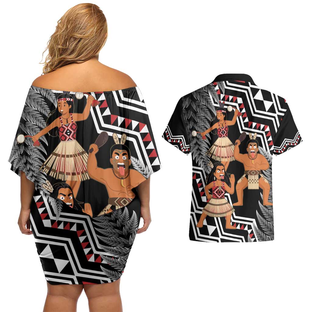 Aotearoa Kapa Haka Couples Matching Off Shoulder Short Dress and Hawaiian Shirt 2025 Festival - Traditional Maori Dance