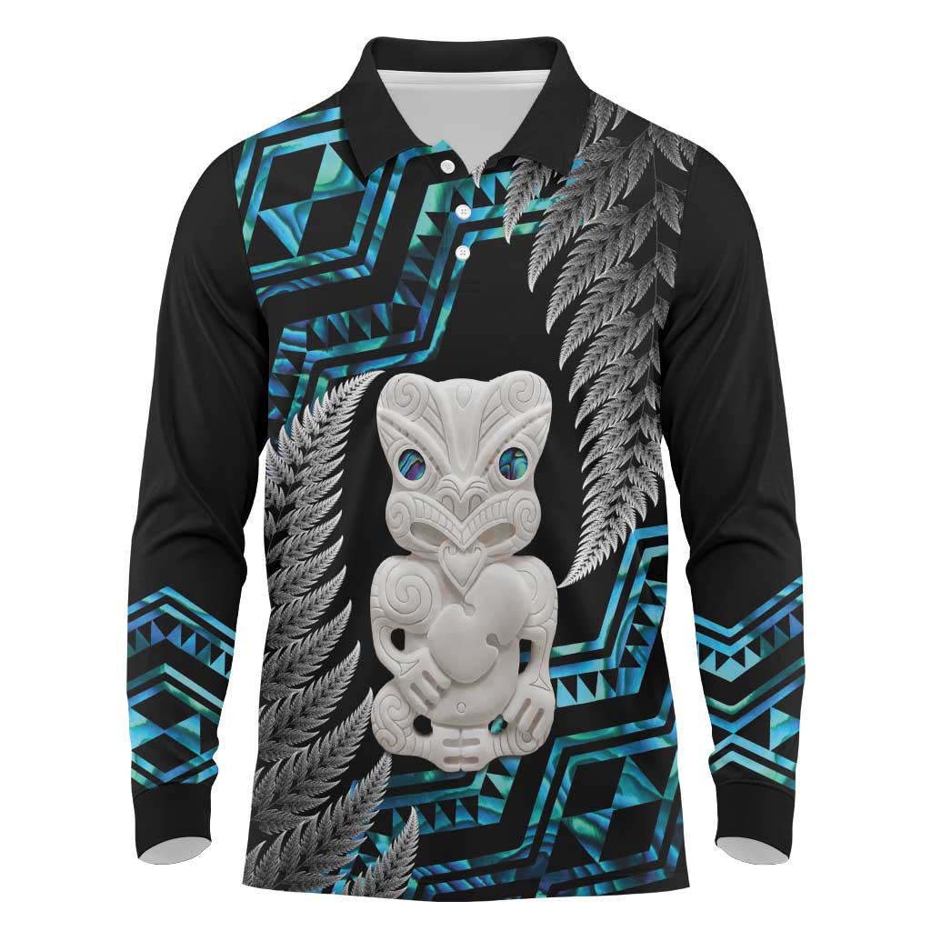 Aotearoa Taniko Paua Shell With Hei Tiki Long Sleeve Polo Shirt LT14 Black - Polynesian Pride