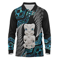 Aotearoa Taniko Paua Shell With Hei Tiki Long Sleeve Polo Shirt LT14 Black - Polynesian Pride