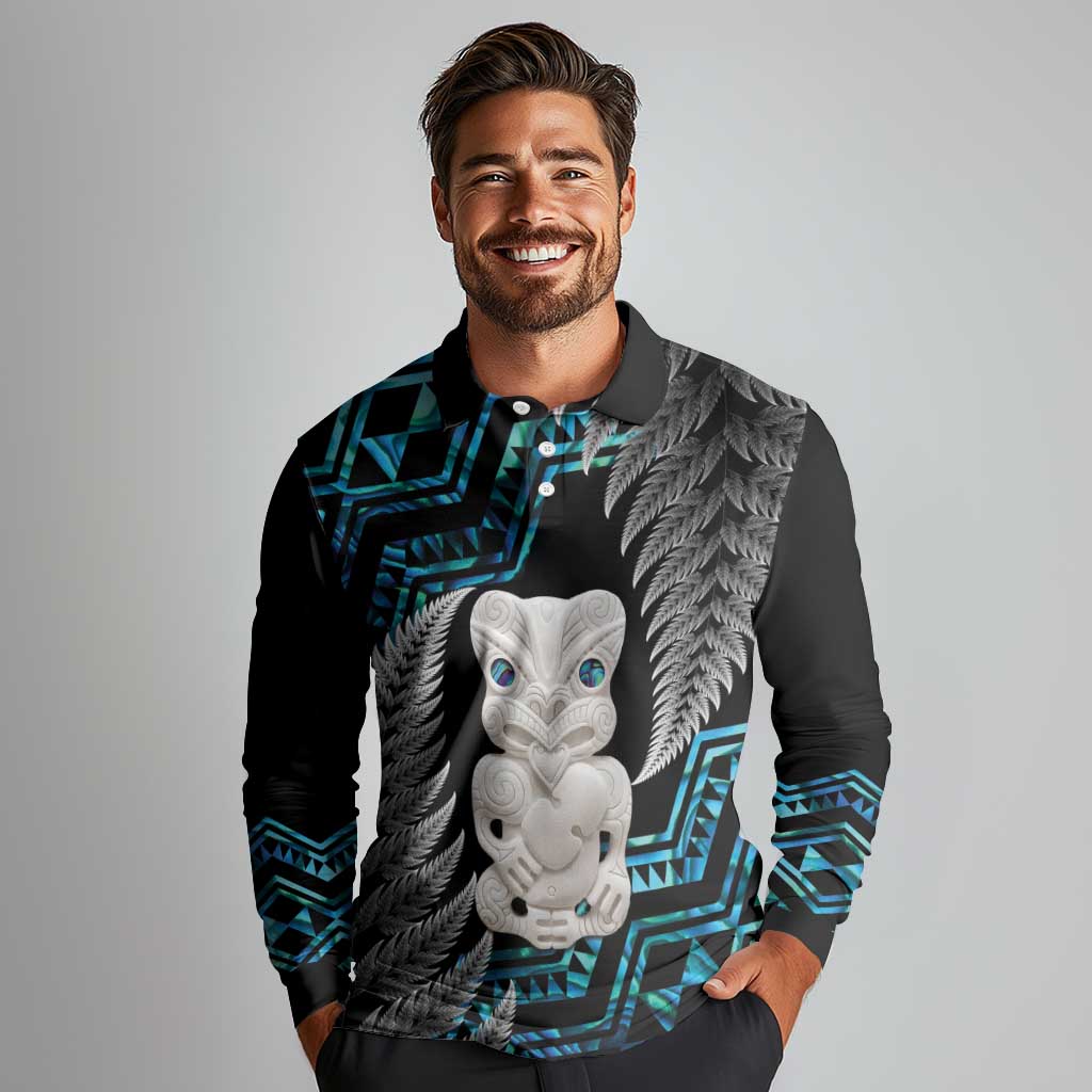 Aotearoa Taniko Paua Shell With Hei Tiki Long Sleeve Polo Shirt LT14 - Polynesian Pride