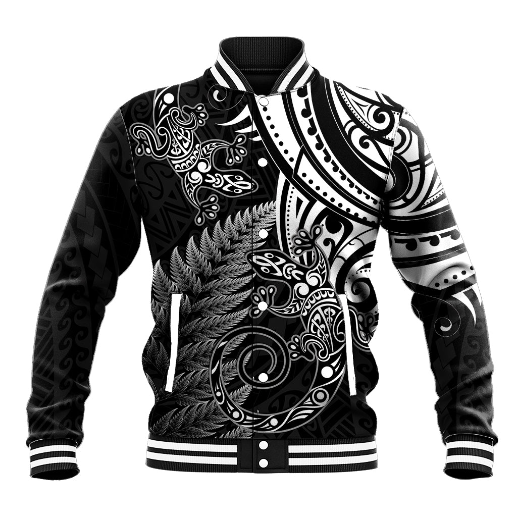 New Zealand Lizard Baseball Jacket Silver Fern Aotearoa Maori LT14 Unisex Black - Polynesian Pride