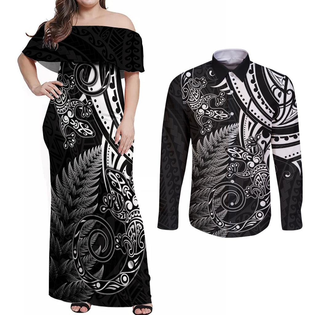 New Zealand Lizard Couples Matching Off Shoulder Maxi Dress and Long Sleeve Button Shirt Silver Fern Aotearoa Maori LT14 Black - Polynesian Pride