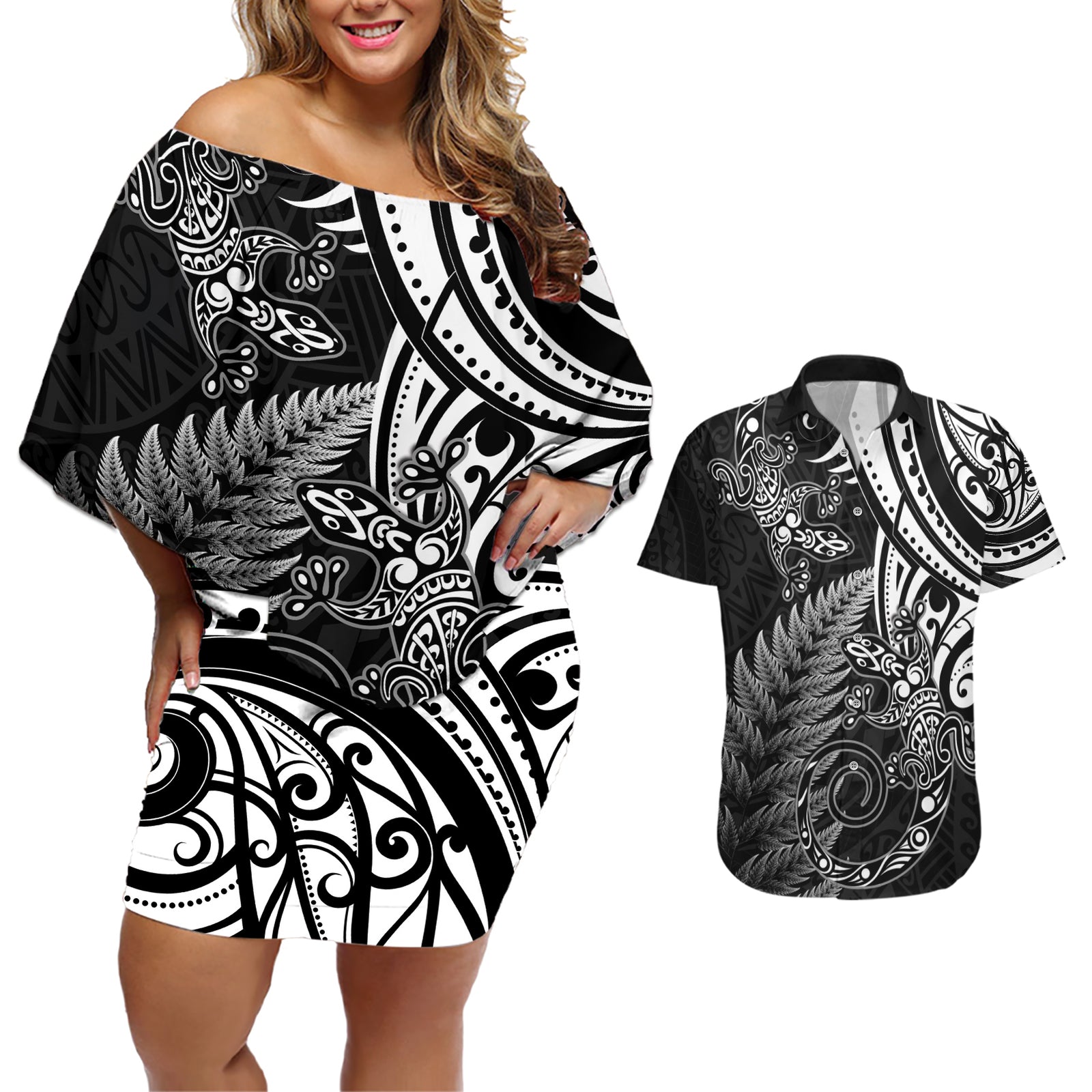 New Zealand Lizard Couples Matching Off Shoulder Short Dress and Hawaiian Shirt Silver Fern Aotearoa Maori LT14 Black - Polynesian Pride