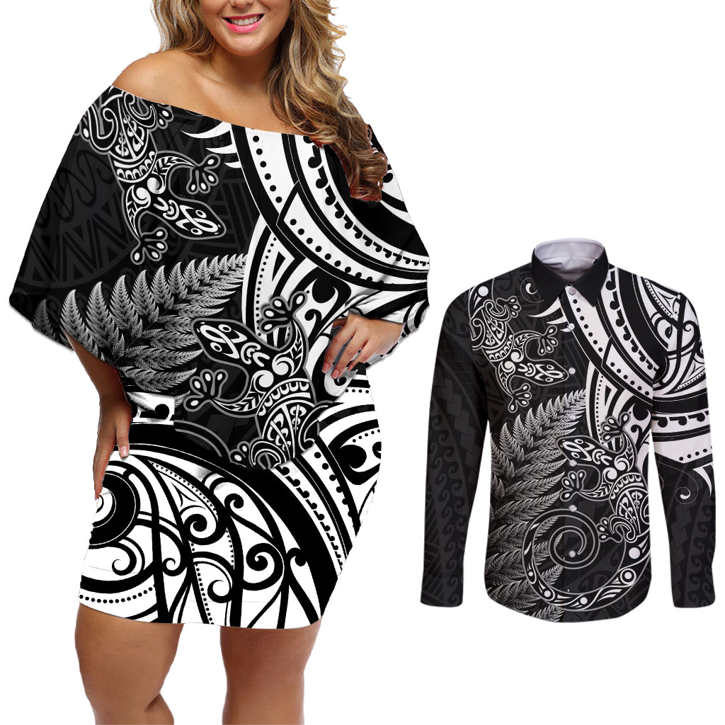 New Zealand Lizard Couples Matching Off Shoulder Short Dress and Long Sleeve Button Shirt Silver Fern Aotearoa Maori LT14 Black - Polynesian Pride