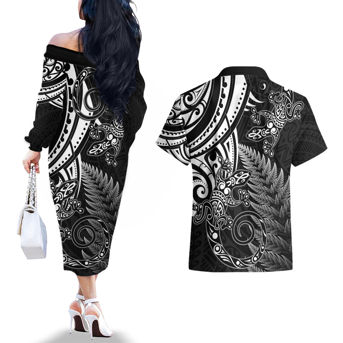 New Zealand Lizard Couples Matching Off The Shoulder Long Sleeve Dress and Hawaiian Shirt Silver Fern Aotearoa Maori LT14 - Polynesian Pride