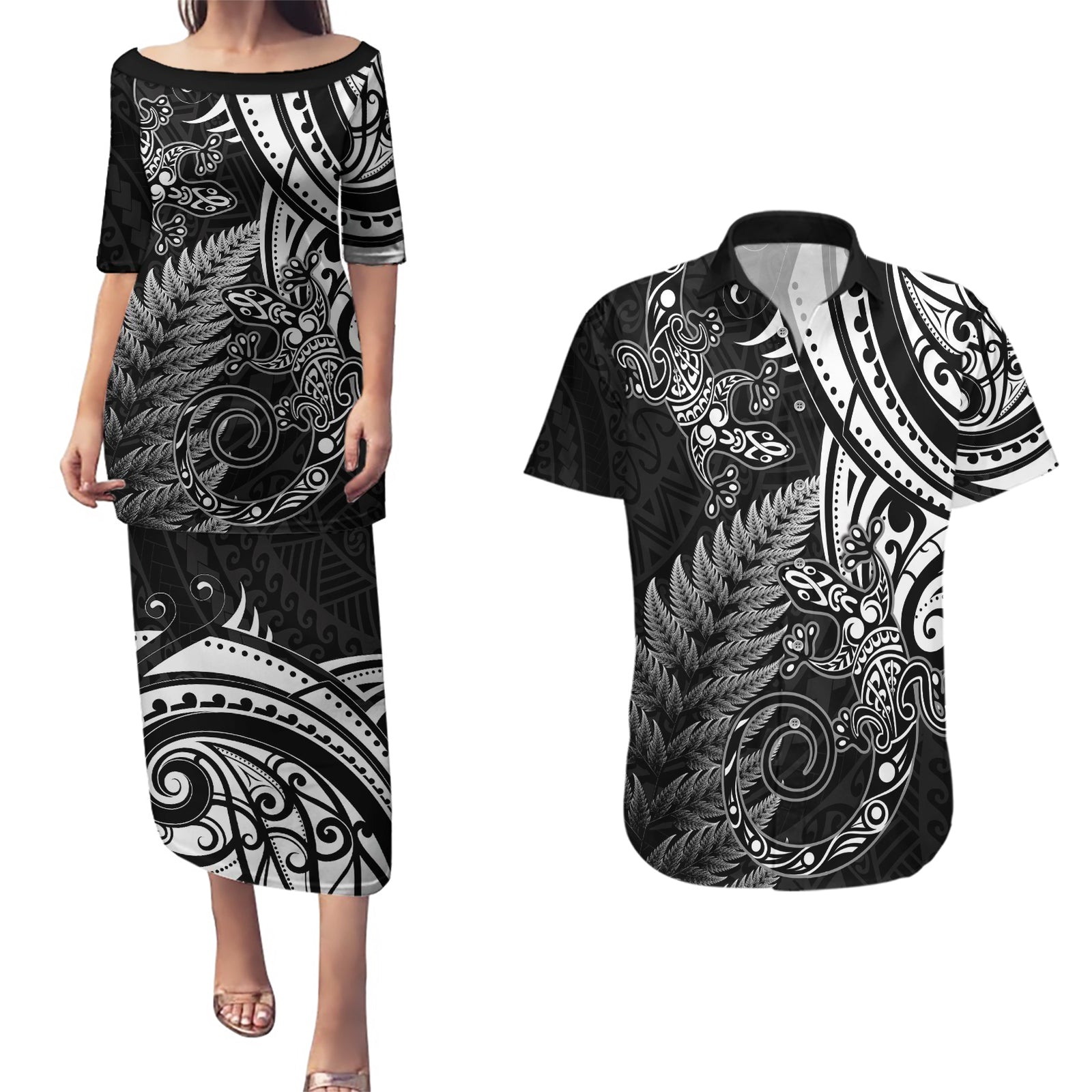 New Zealand Lizard Couples Matching Puletasi and Hawaiian Shirt Silver Fern Aotearoa Maori LT14 Black - Polynesian Pride