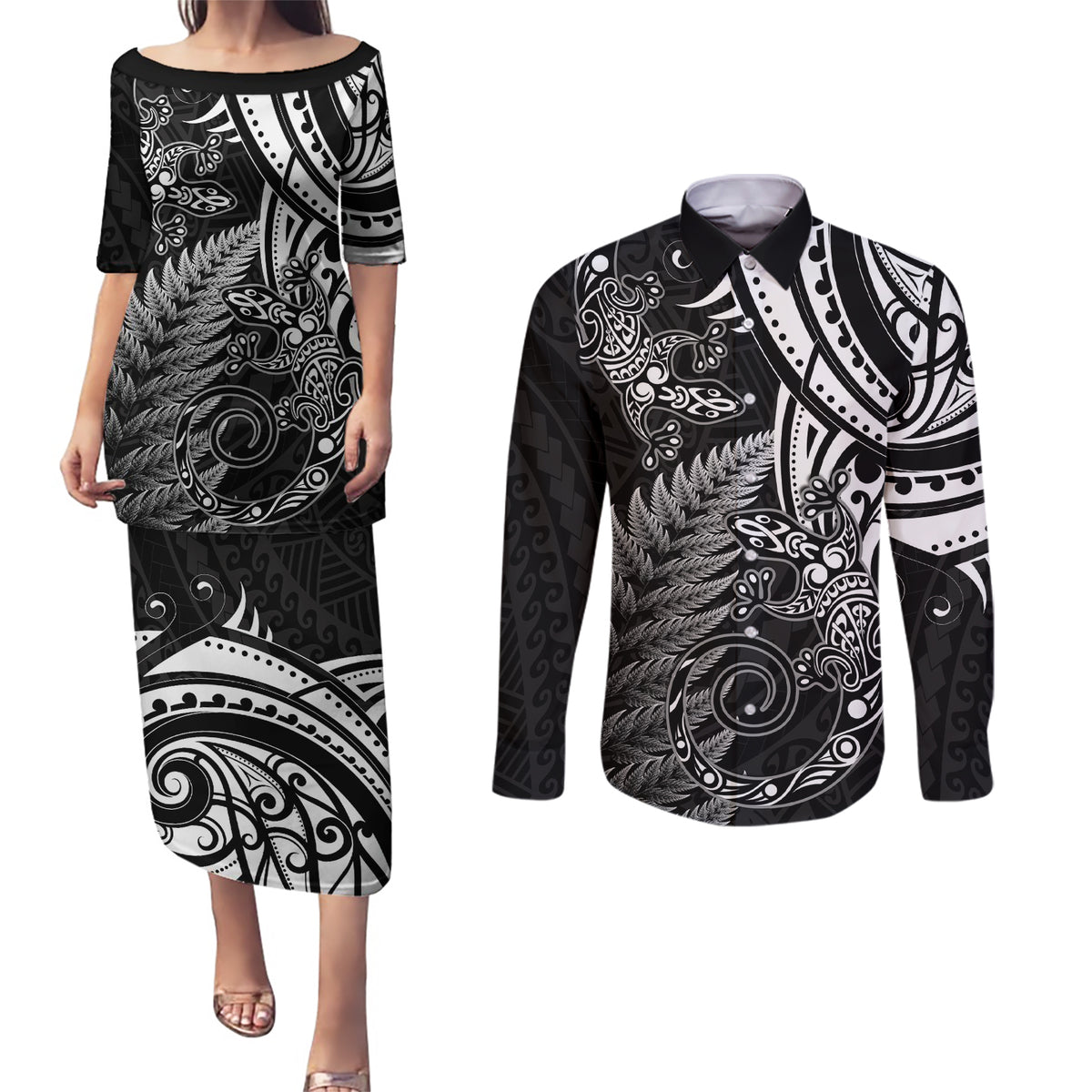 New Zealand Lizard Couples Matching Puletasi and Long Sleeve Button Shirt Silver Fern Aotearoa Maori LT14 Black - Polynesian Pride