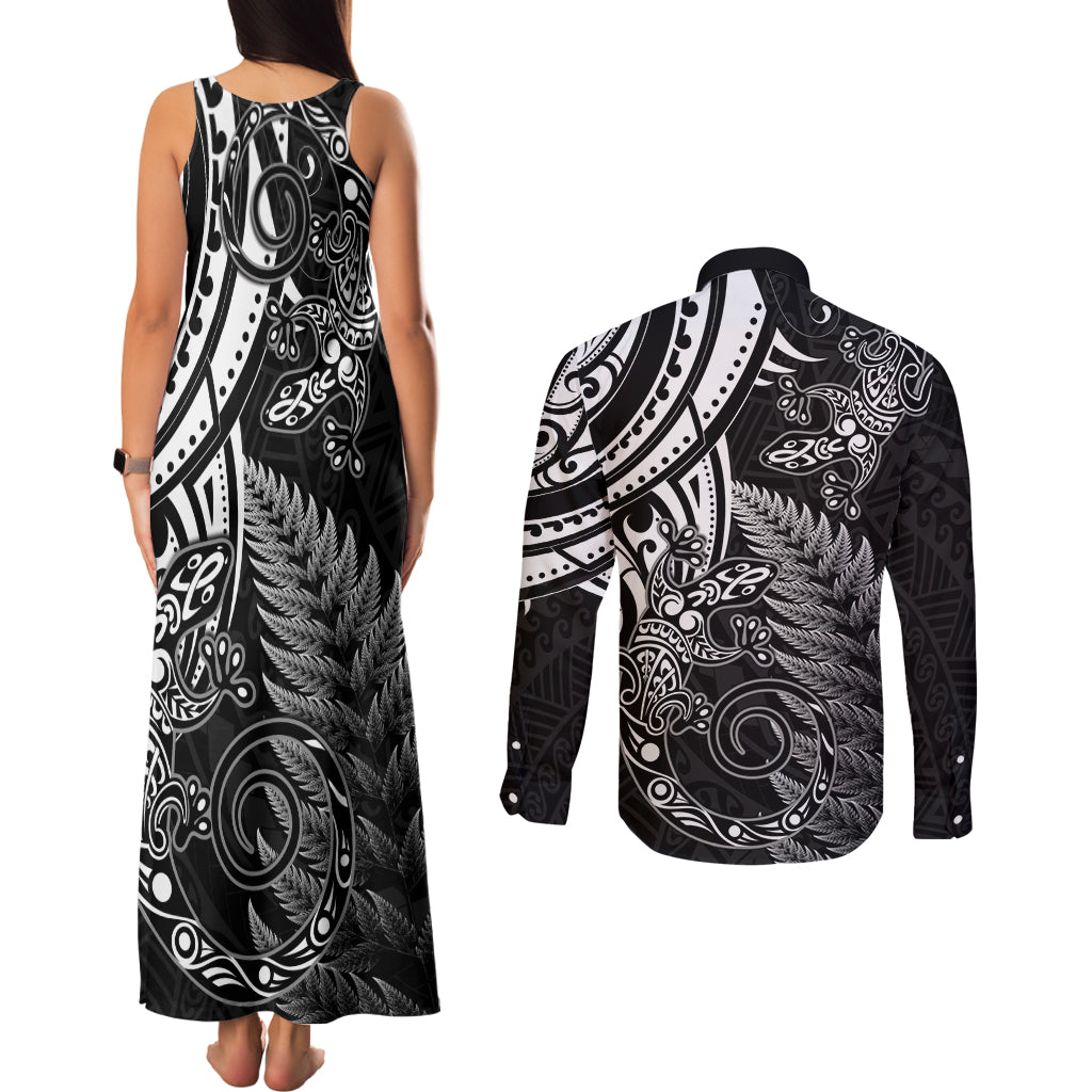 New Zealand Lizard Couples Matching Tank Maxi Dress and Long Sleeve Button Shirt Silver Fern Aotearoa Maori LT14 - Polynesian Pride