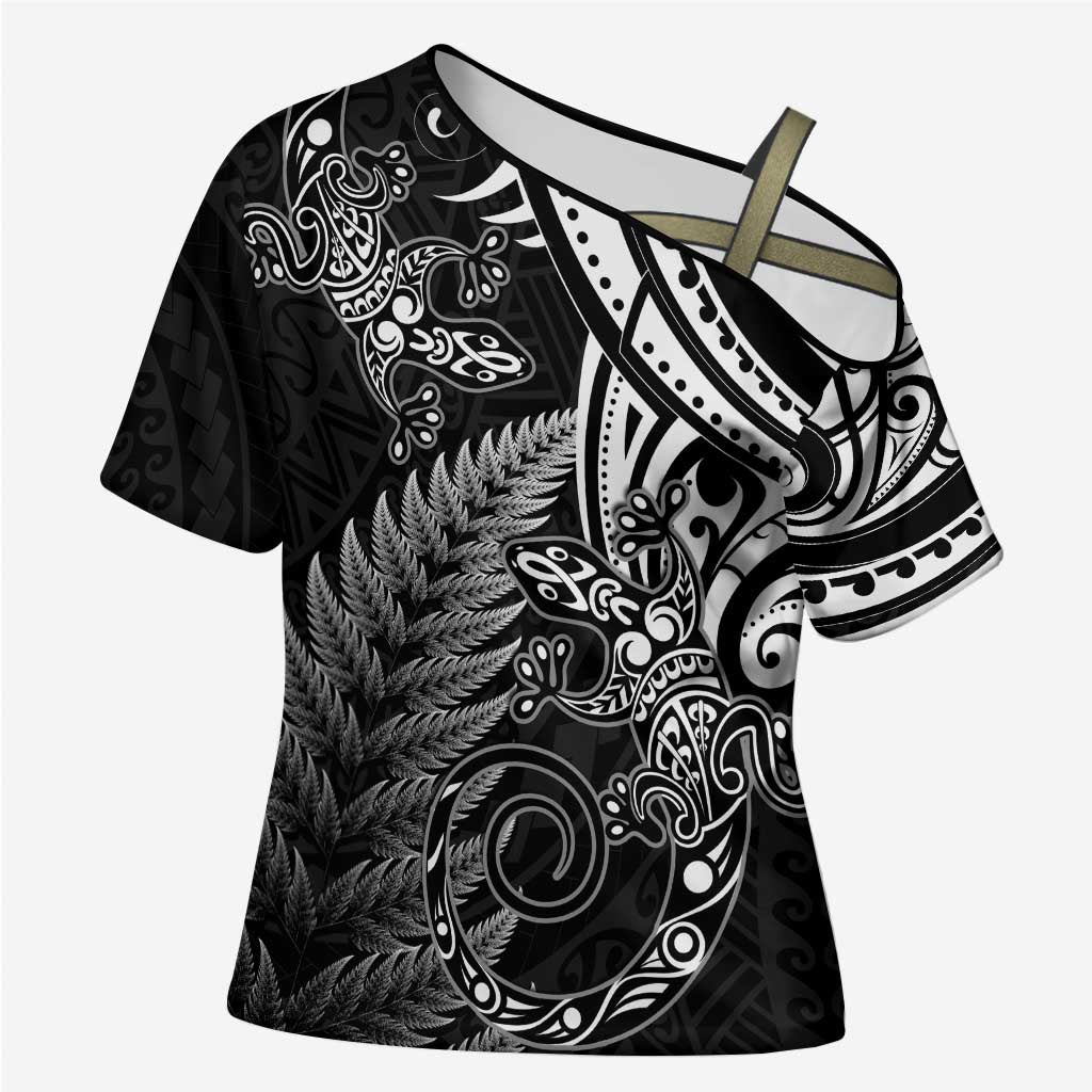 New Zealand Lizard Cross Shoulder Shirt Silver Fern Aotearoa Maori - Polynesian Pride