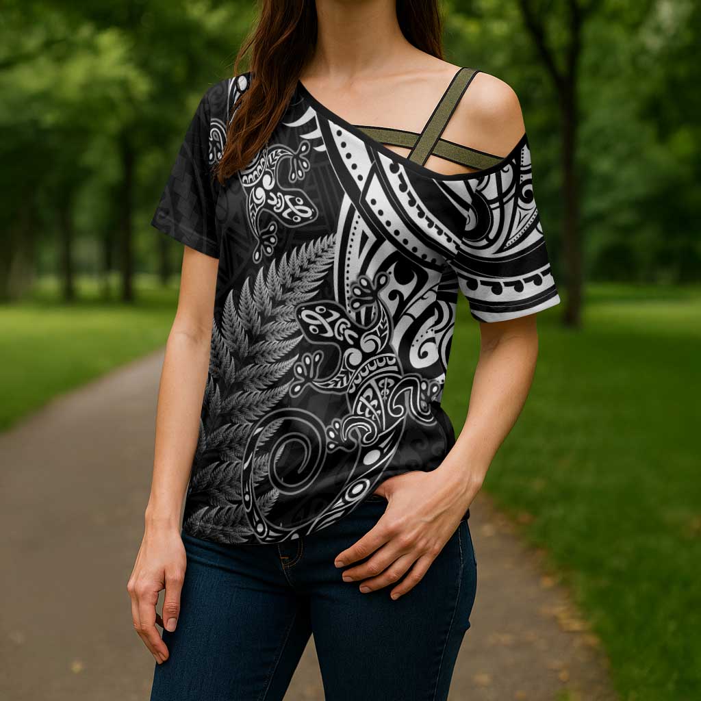 New Zealand Lizard Cross Shoulder Shirt Silver Fern Aotearoa Maori - Polynesian Pride