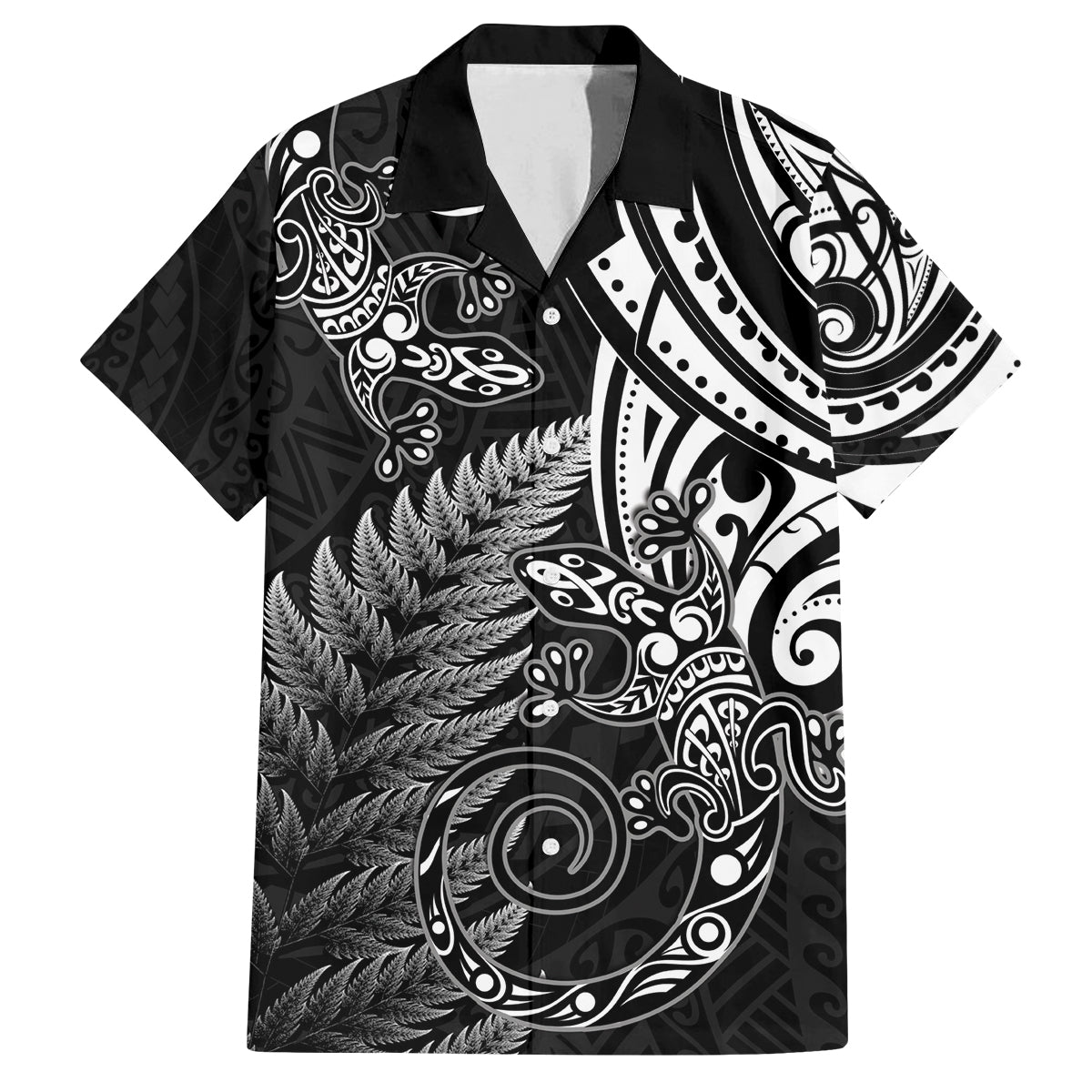New Zealand Lizard Family Matching Off The Shoulder Long Sleeve Dress and Hawaiian Shirt Silver Fern Aotearoa Maori LT14 Dad's Shirt - Short Sleeve Black - Polynesian Pride