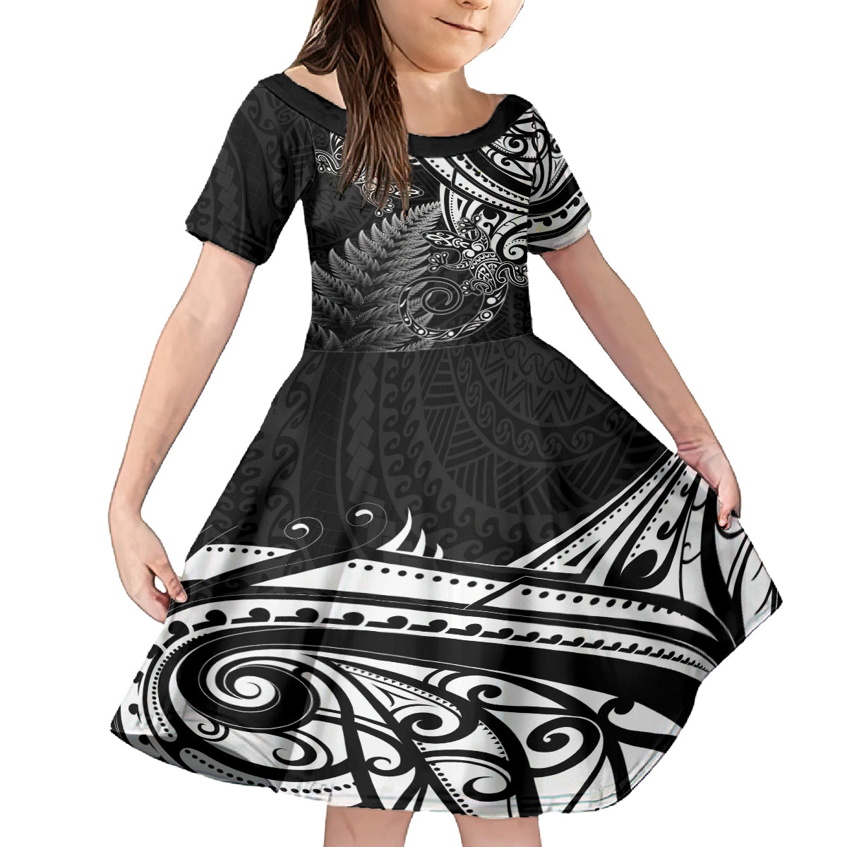 New Zealand Lizard Family Matching Puletasi and Hawaiian Shirt Silver Fern Aotearoa Maori LT14 Daughter's Dress Black - Polynesian Pride