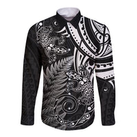 New Zealand Lizard Long Sleeve Button Shirt Silver Fern Aotearoa Maori LT14 Unisex Black - Polynesian Pride