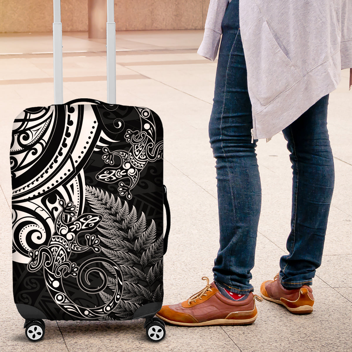 New Zealand Lizard Luggage Cover Silver Fern Aotearoa Maori